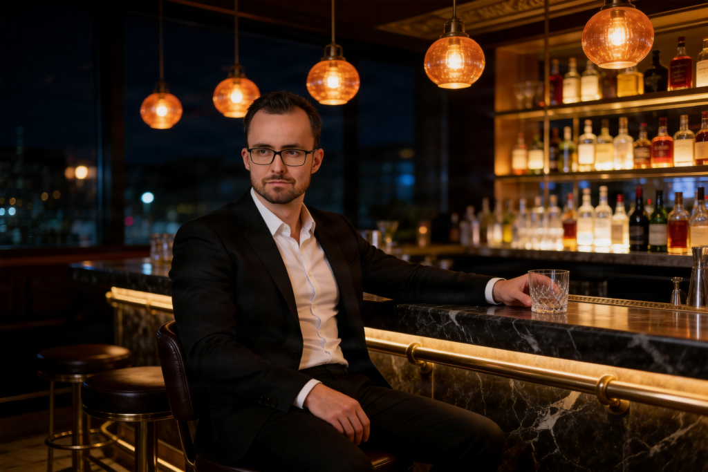 Ganzkörperporträt von Callboy Alexander im blauen Anzug, sitzend an einer Cocktailbar.