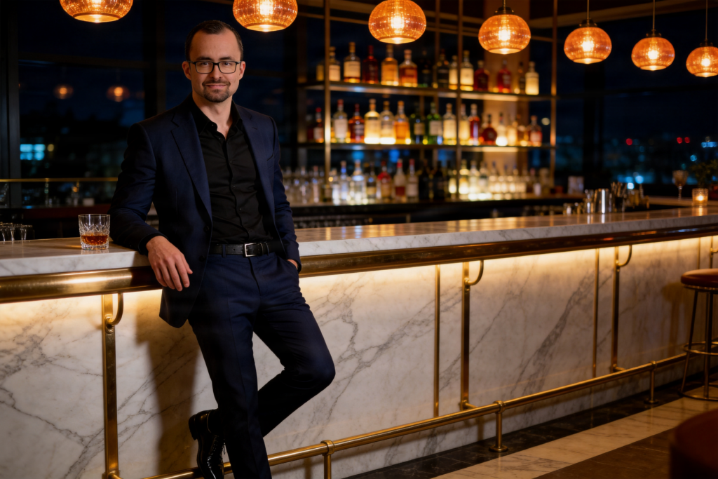 Ganzkörperporträt von Callboy Alexander im blauen Anzug, stehend an einer Cocktailbar.